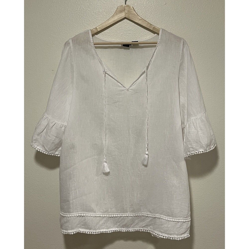 Tahari Linen Tunic Top Size 1X White Pom Pom Trim Tassel Beach Minimalist Boho